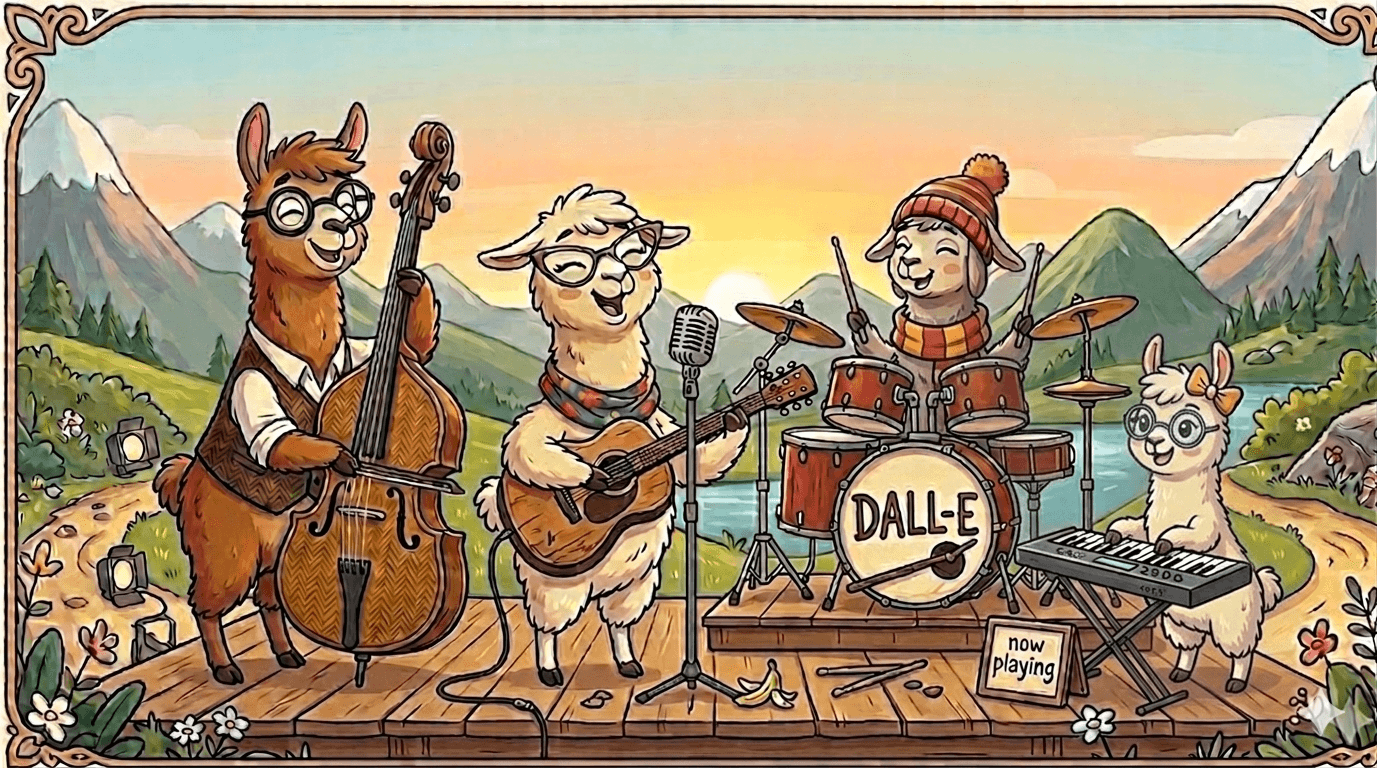 En glad flok lamaer der spiller musik sammen